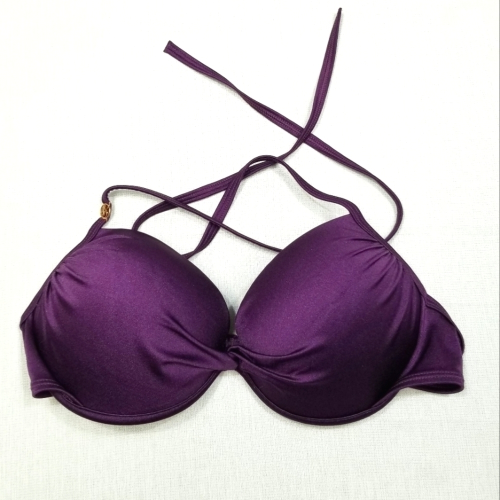 Victoria’s Secret bikini top 34D purple twist look halter tie neck hook back EUC